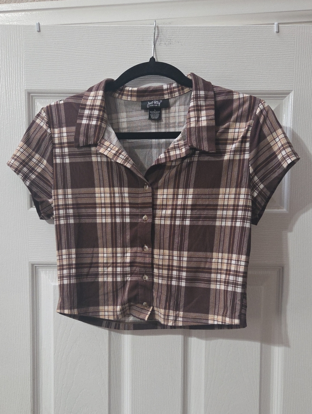 Just My Size Brown Plaid Short-Sleeve Crop Button-Up
